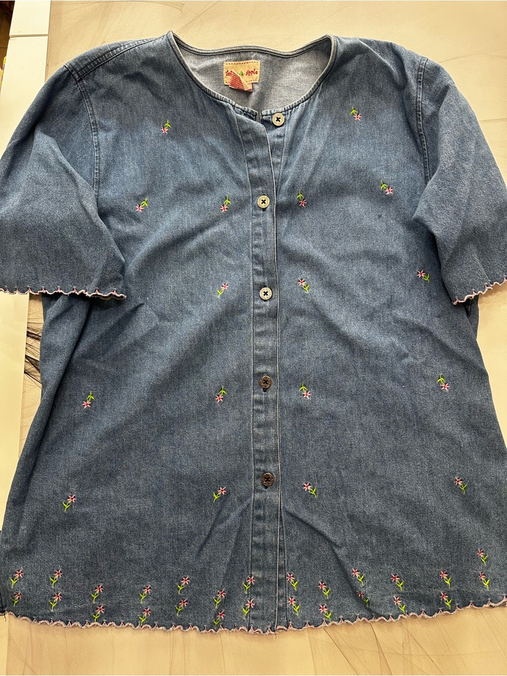 Vtg 80s Toffee Apple Denim Shirt -L Embroidered Daisies Button-Up Vents SS [3]